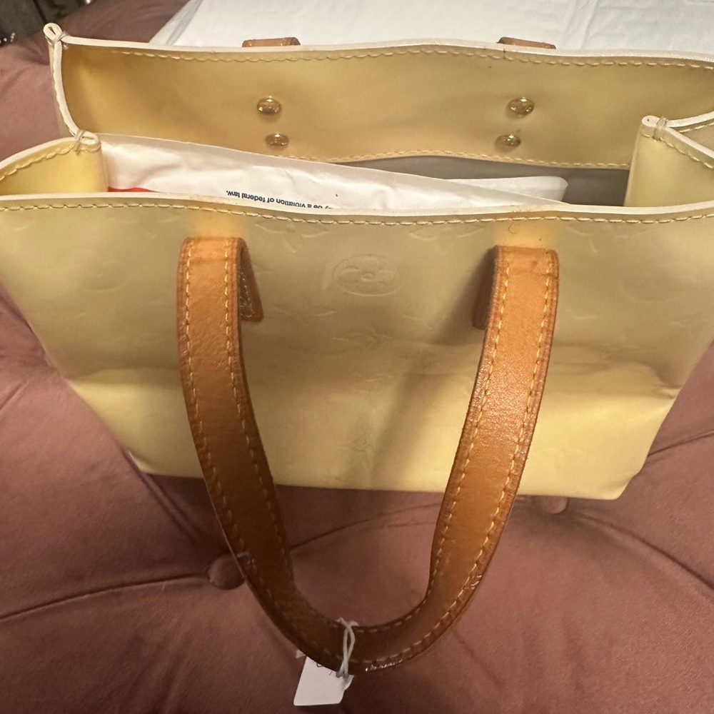 Authentic Reade Monogram Vernis Pm Yellow/Gold Patent Leather Tote Small